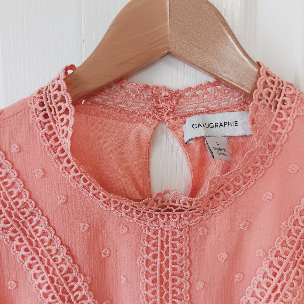 Calligraphie Women's Coral Swiss Dot Lace Trim High Neck Sleeveless Top Size L - Picture 3 of 15